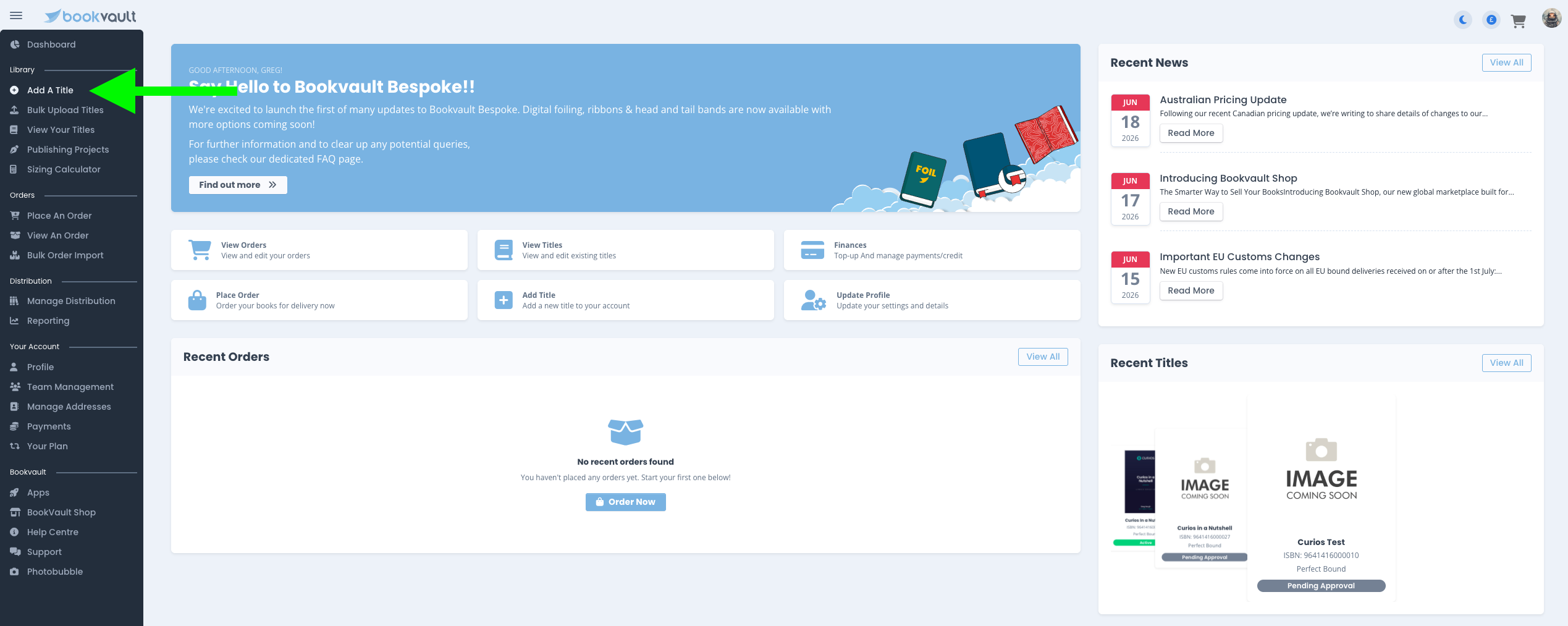 Add a title on the BookVault dashboard