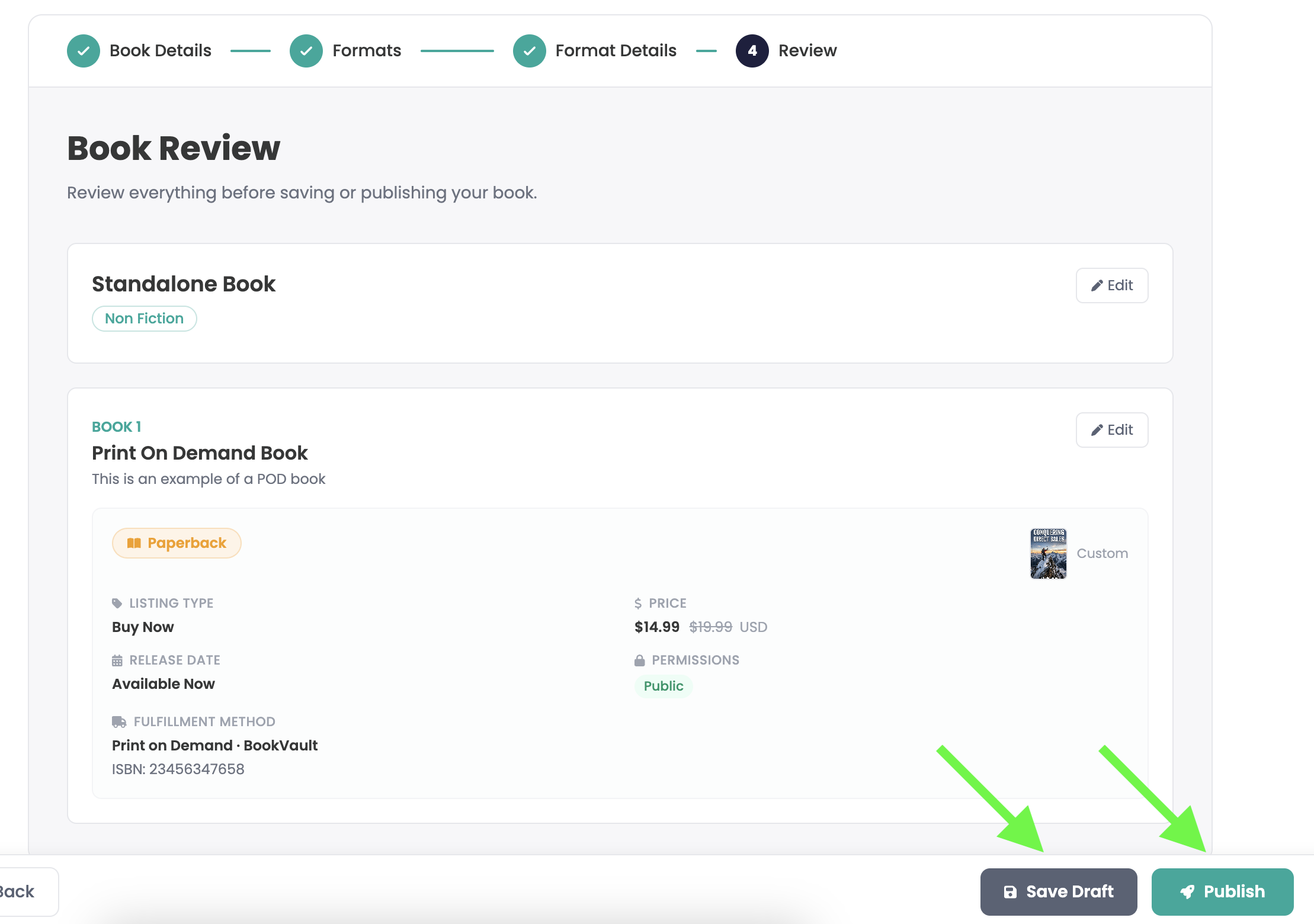 Review page with Publish and Save Draft