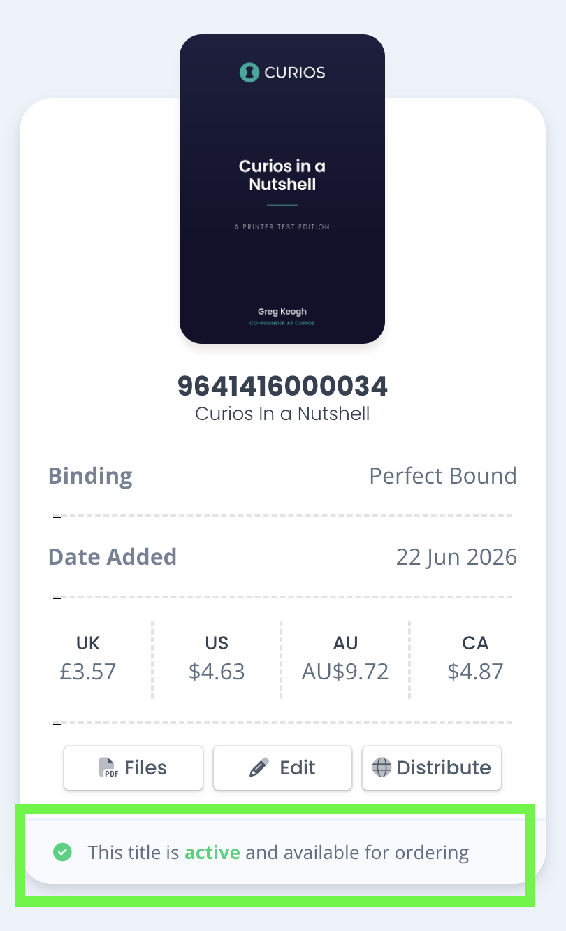 Title marked Active and Available for Ordering
