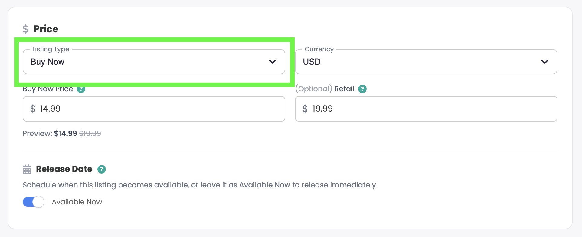 Set Listing Type to Buy Now