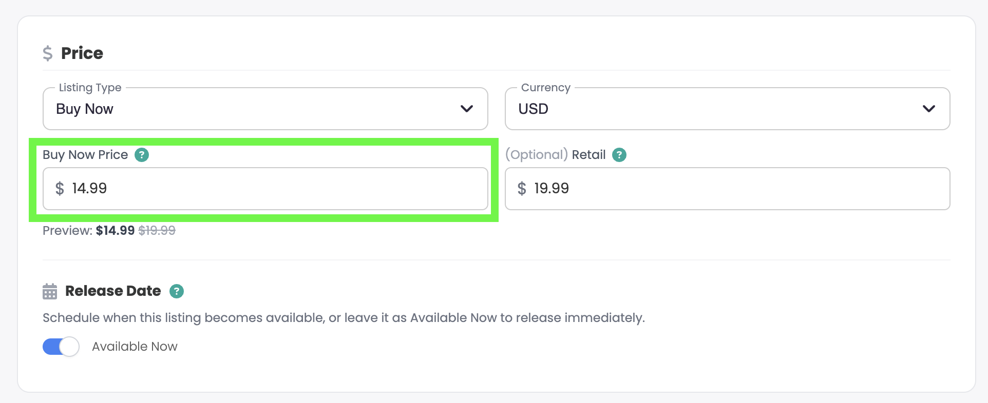 Enter the Buy Now Price
