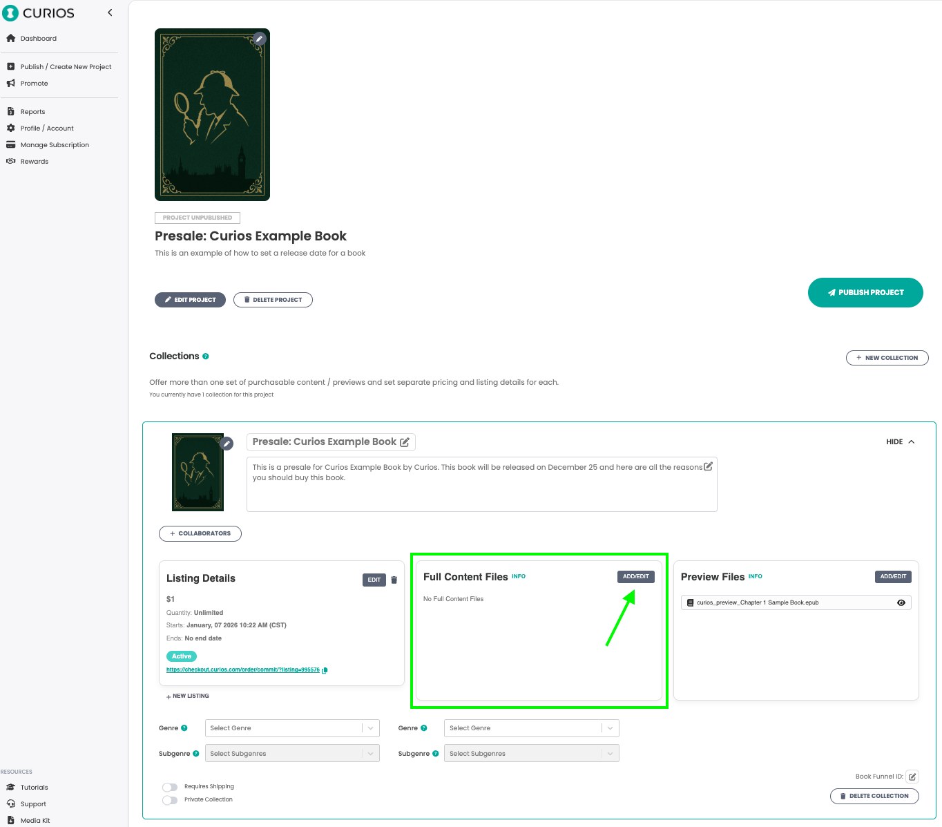 Add/Edit button for full content files