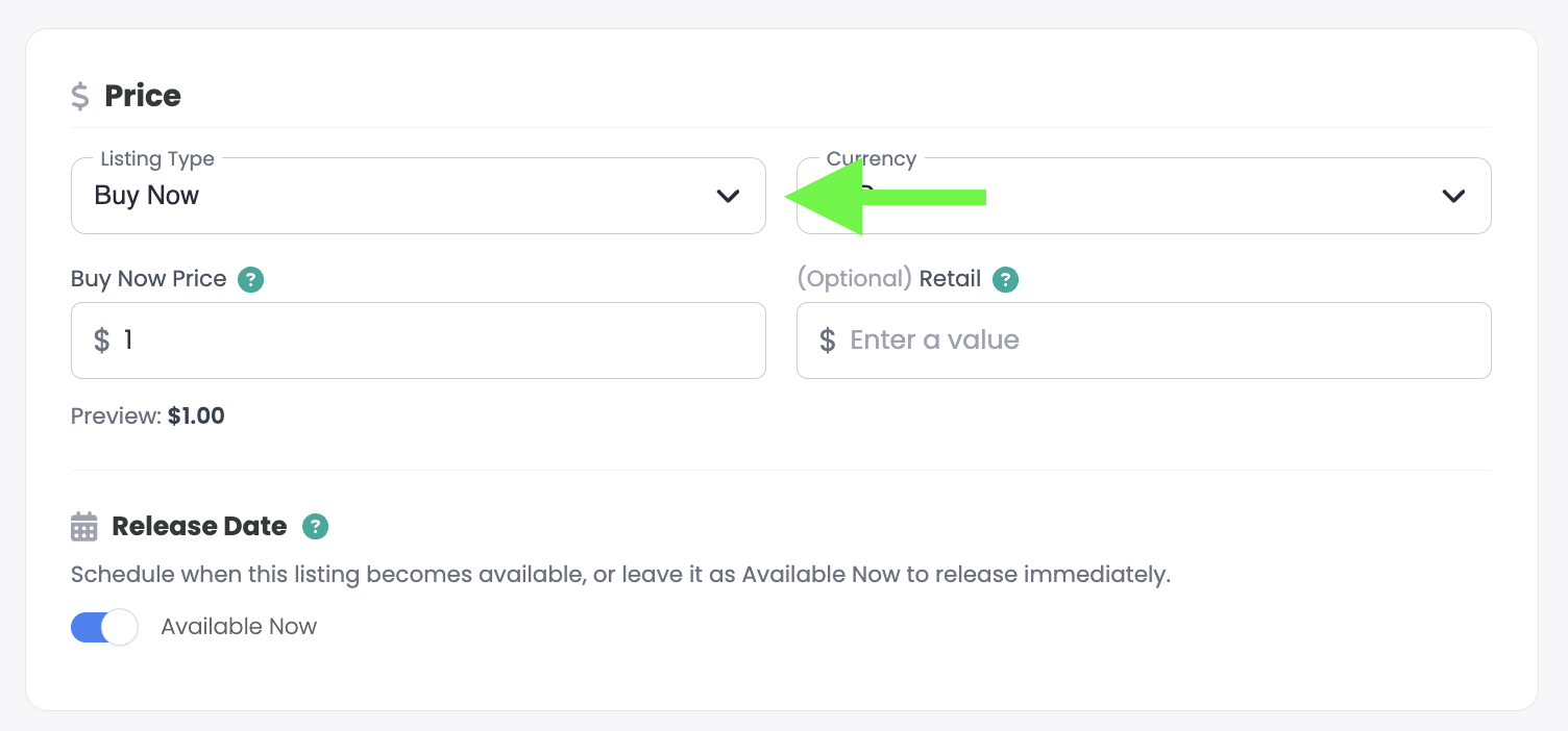 Listing Type dropdown