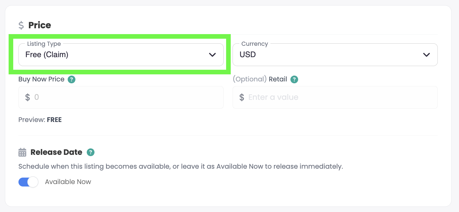 Listing type set to Free (Claim)