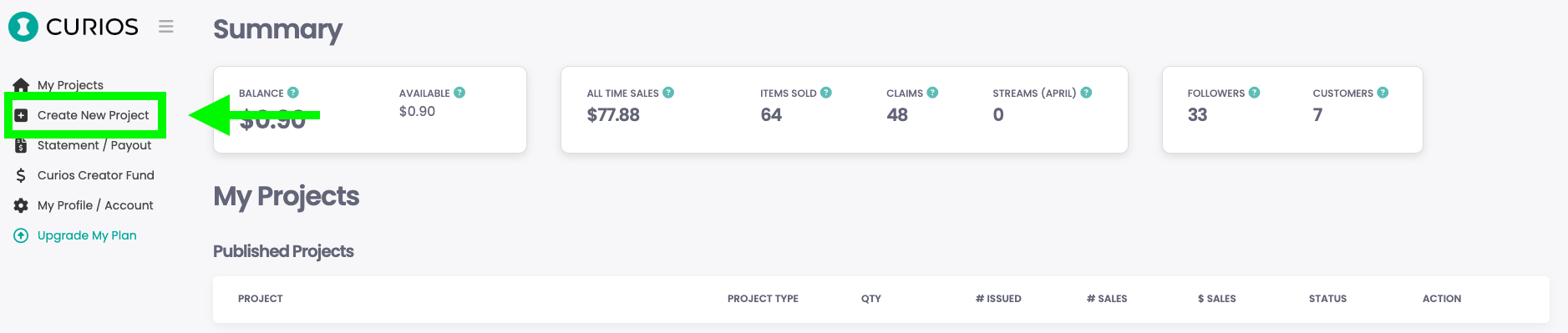 Create New Project button