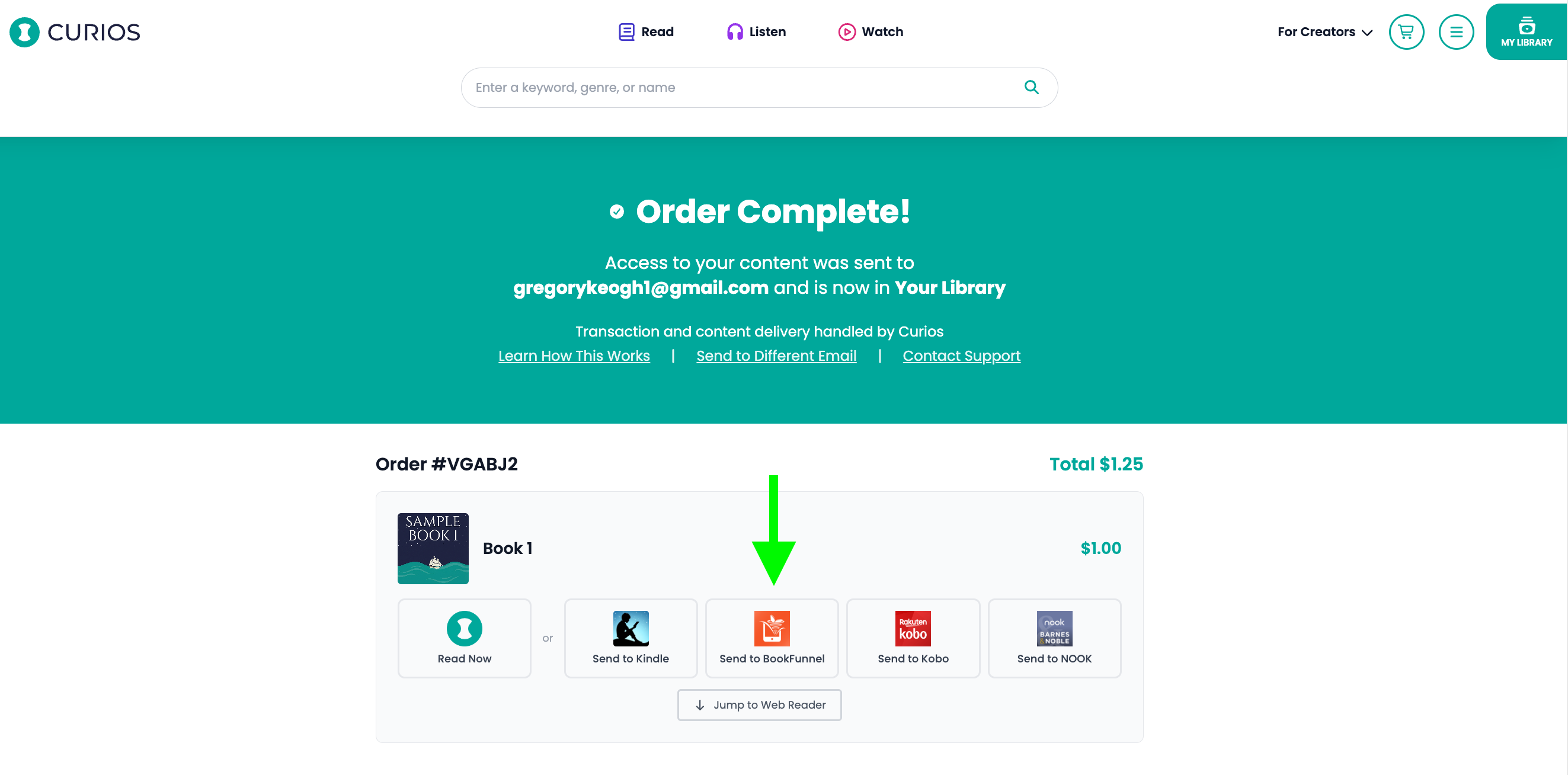 Customer view of BookFunnel delivery
