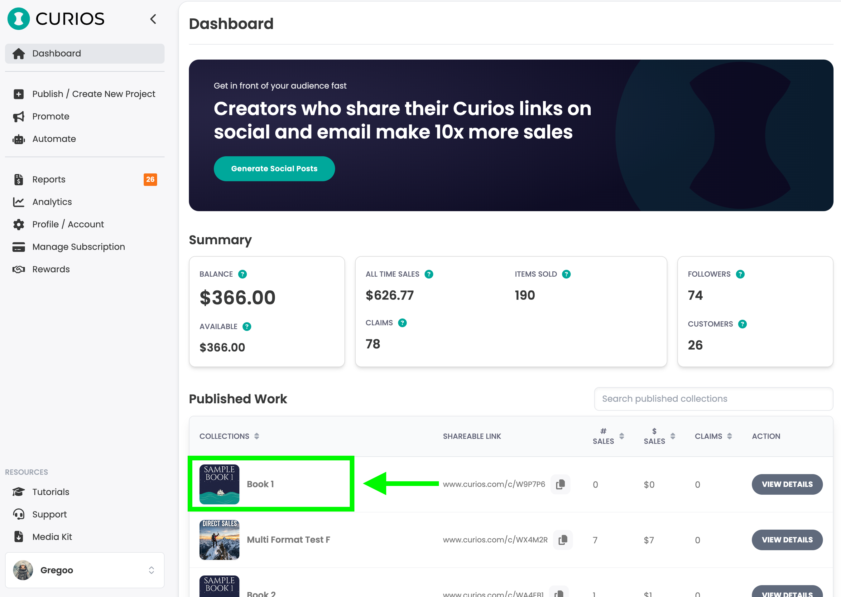Select book from dashboard