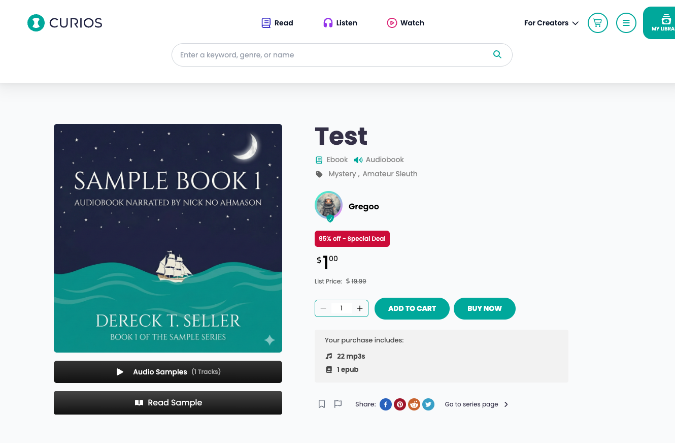 Book page on curios.com