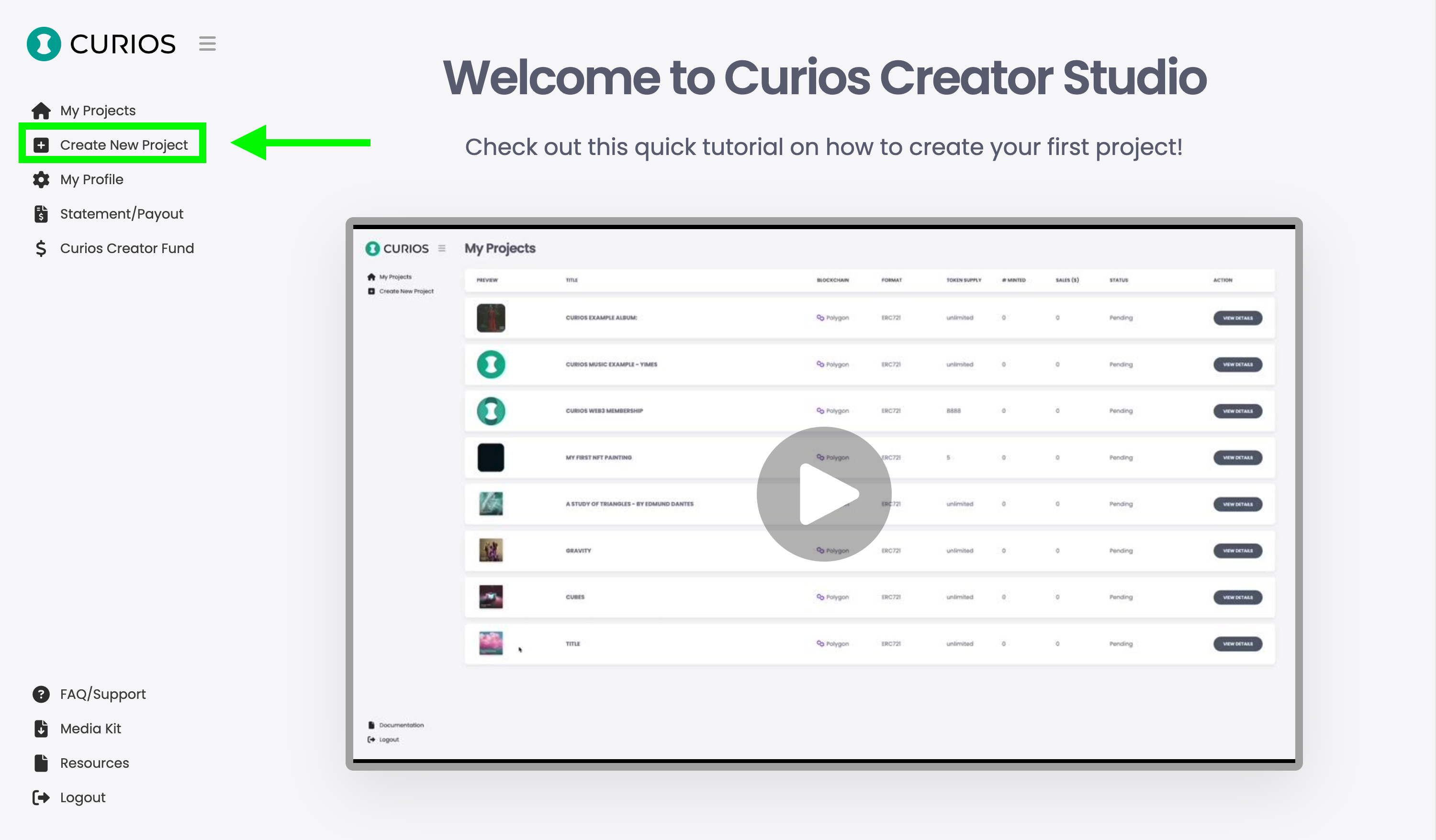 Create Project menu option
