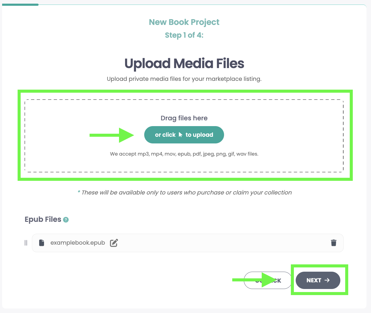 EPUB file upload screen