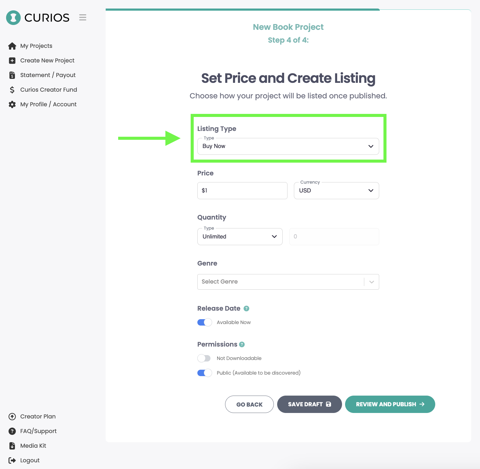 Pricing and listing options