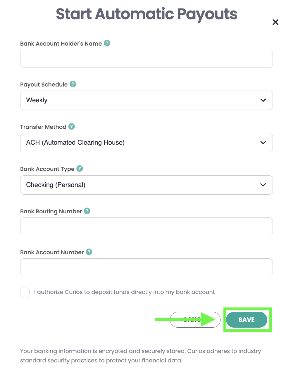 Automatic payout setup modal