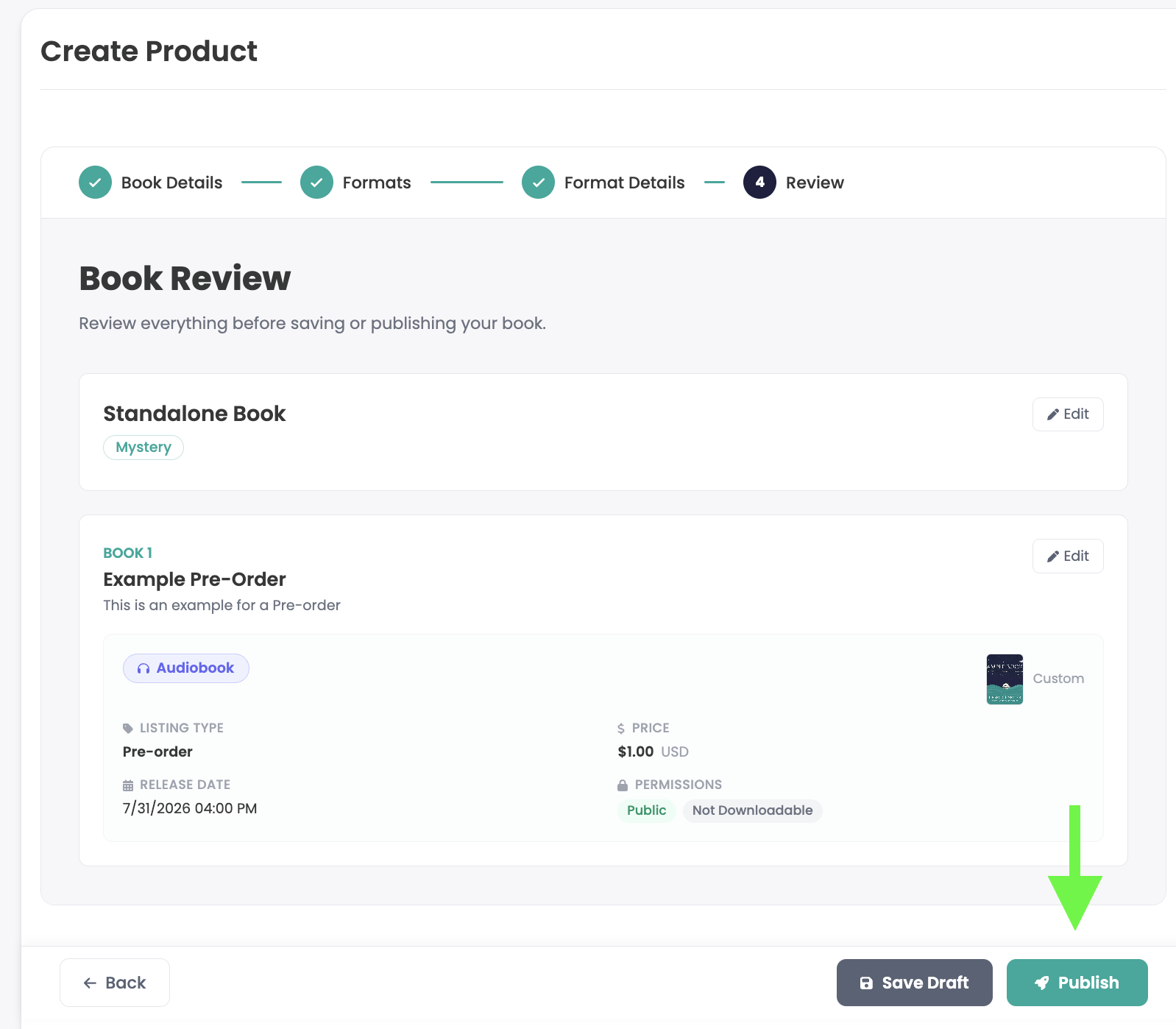 Review page with Publish and Save Draft options