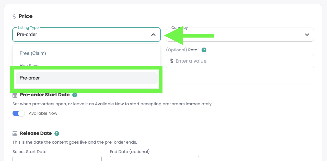 Selecting Pre-Order as the listing type