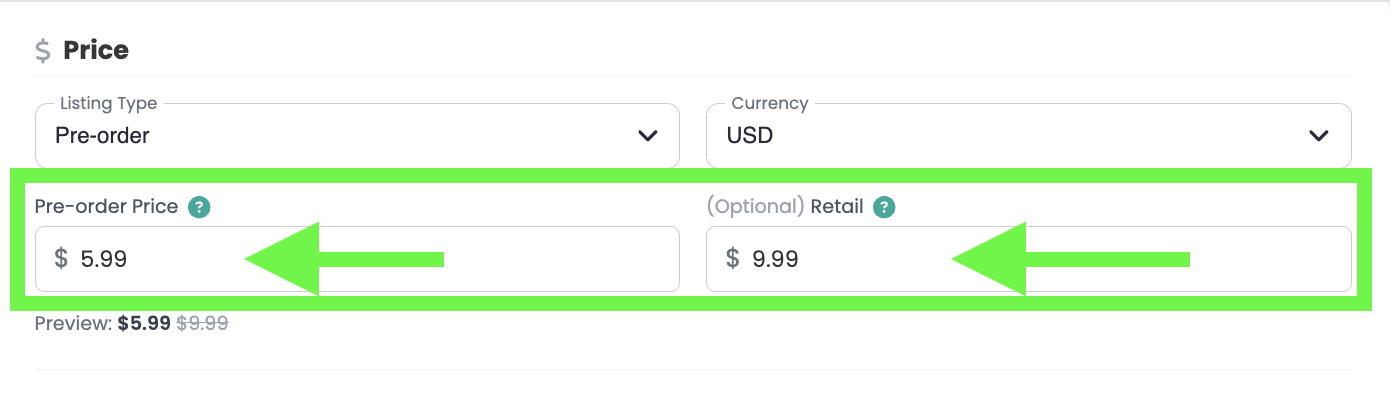 Pre-order price and retail price fields